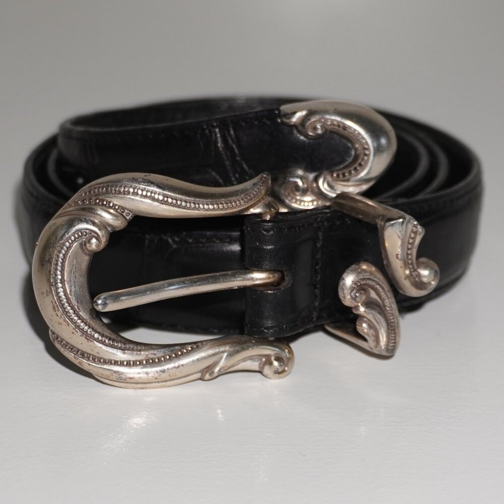 Vintage Brighton Black Leather Belt with Ornate Silver Scroll Buckle Size L
